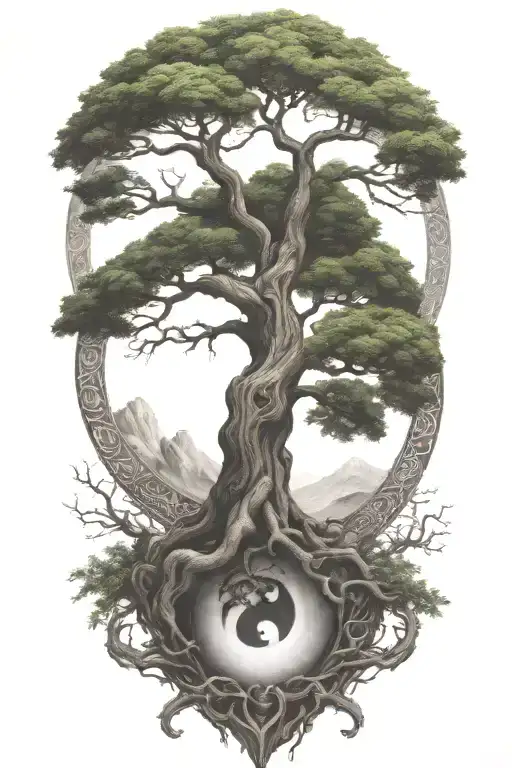 yggdrasil and yin yang symbol intertwined tattoo design idea