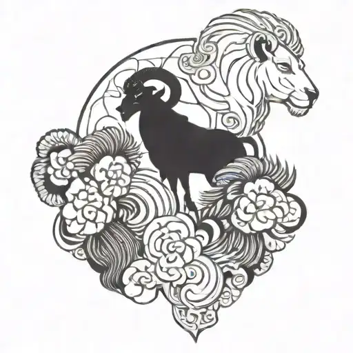 the silhouette of a ram and another silhouete of a a lion facing each other tattoo design idea