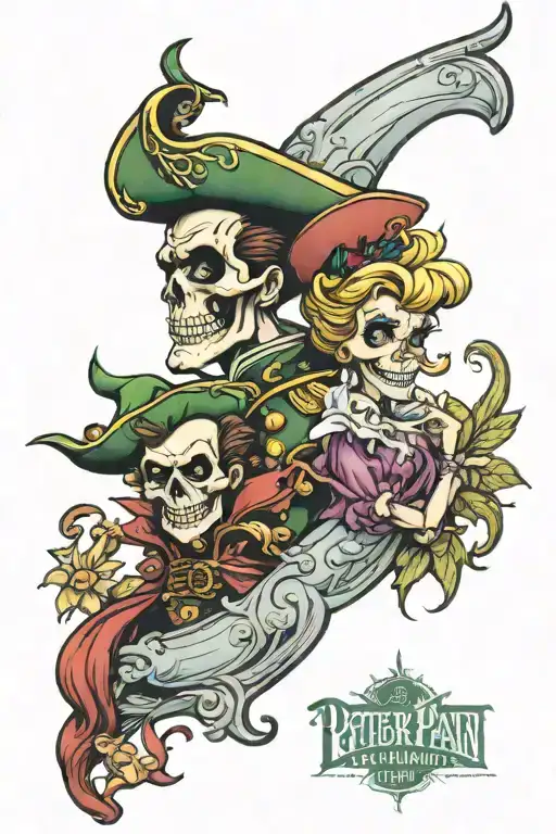 peter pan sleeve tattoo depicting skull captain hook big ben and slutty tinkerbell tattoo design idea