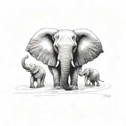 mama elephant with 3 babies tattoo design idea