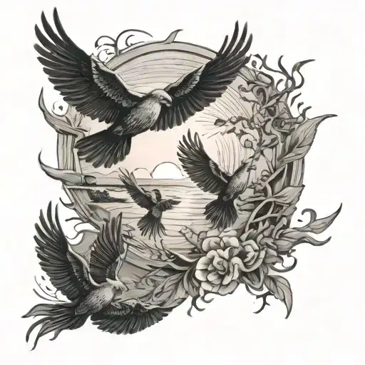 birds flying towards the sun setting in remember my dad tattoo design idea