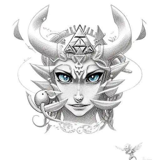 A realistic portrait of Zelda surrounded by magical Pokemon from the Norwegian fairytale world tattoo design idea