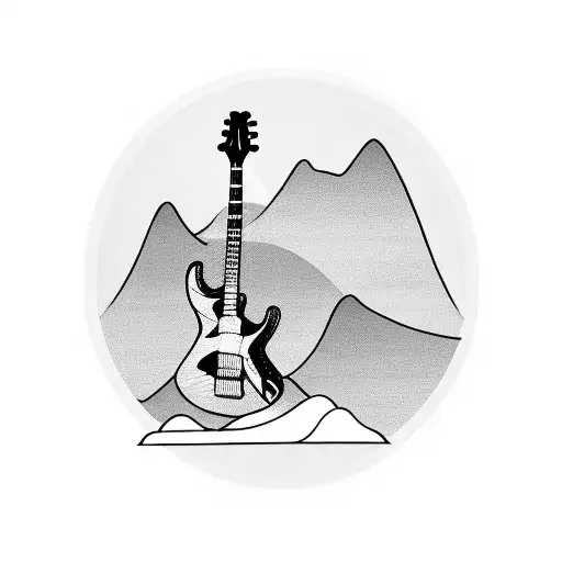 A guitar floating on a serene lake surrounded by mountains tattoo design idea