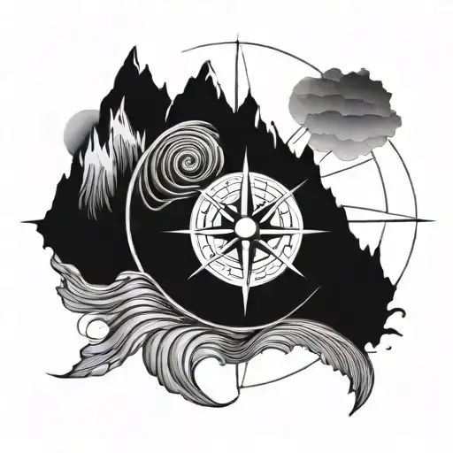 A blackwork tattoo of a compass rose with mountain peaks and ocean waves incorporated into the design tattoo design idea