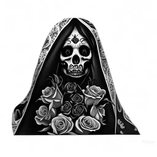 santa muerte with cigars and roses tattoo design idea