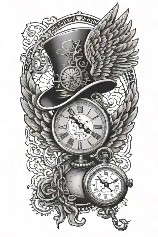 steampunk pocket watch tattoo angel wings with top hat and falling chain tattoo design idea
