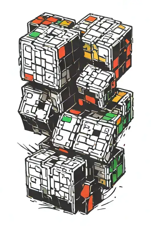 Living Rubik's cube picking up its pieces falling tattoo design idea