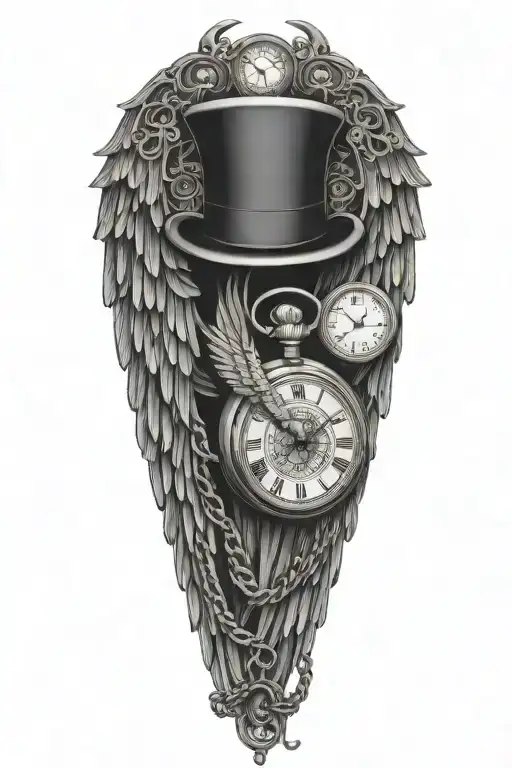 tattoo steampunk pocket watch angel wings with a top hat and a falling chain tattoo design idea