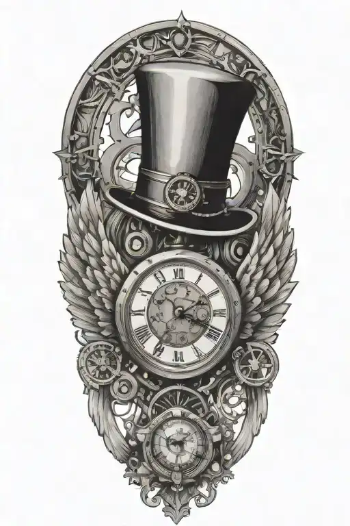 steampunk pocket watch tattoo angel wings with top hat and falling chain tattoo design idea
