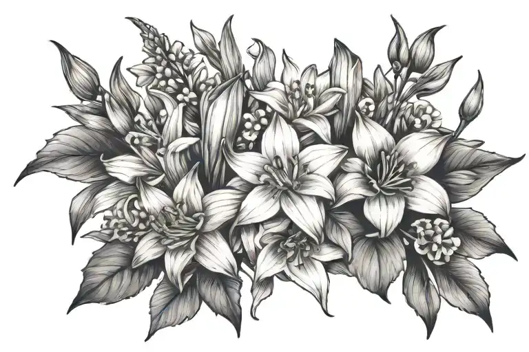 bouquet of daffodil, lily of the vally, water lily, gladiolus, cosmos, and holly tattoo design idea
