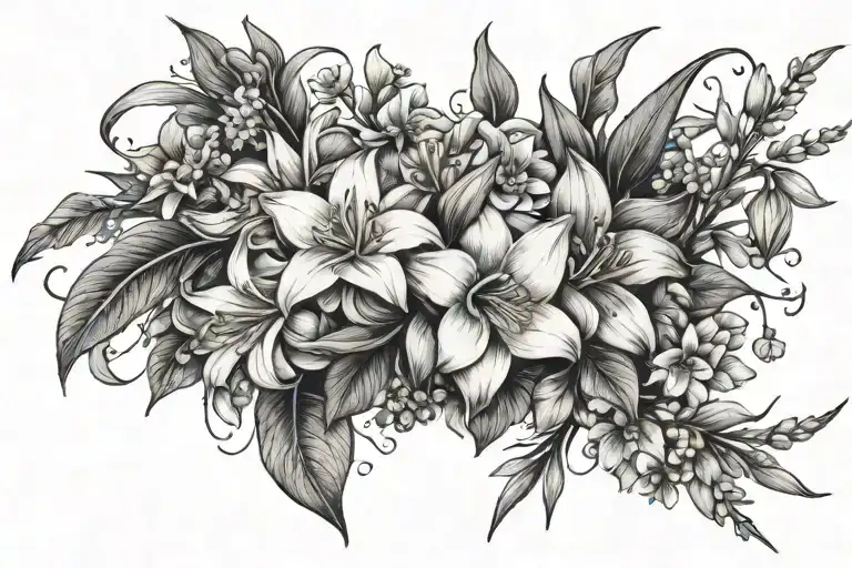 bouquet of daffodil, lily of the valley, water lily, gladiolus, cosmos, and holly  tattoo design idea
