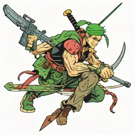 roronoa zoro jolly rodger combined with deadpool and Ash Williams  tattoo design idea