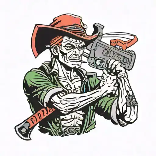 roronoa zoro jolly roger red and black with chainsaw and sawed off shotgun  tattoo design idea