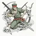 roronoa zoro jolly rodger combined with deadpool and Ash Williams  tattoo design idea