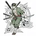 roronoa zoro jolly rodger combined with deadpool and Ash Williams  tattoo design idea