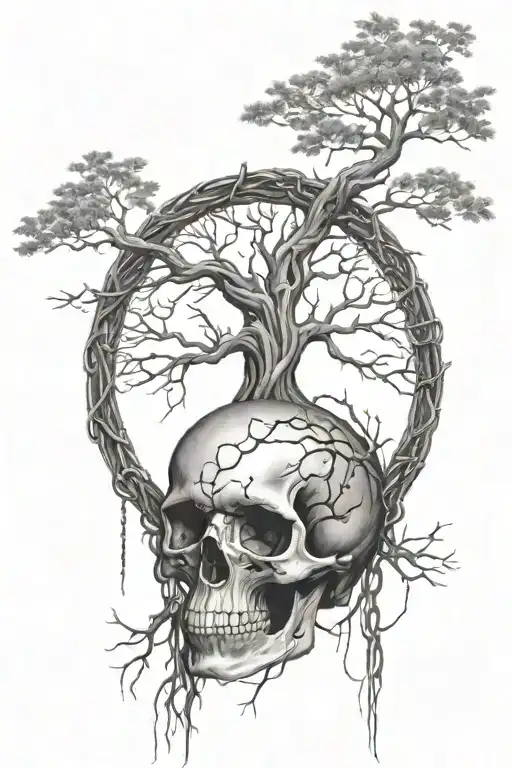 A large tree of life with roots made of chains, and a skull nestled within the branches tattoo design idea
