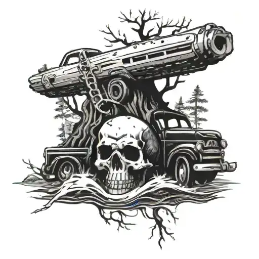 A unique tattoo design combining a skull and crossbones motif with a speeding car and a chainsaw cutting through a tree trunk, all set against a backdrop of a river flowing through a forest, in blackwork style tattoo design idea