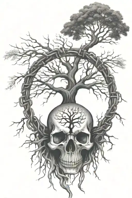 A large tree of life with roots made of chains, and a skull nestled within the branches tattoo design idea