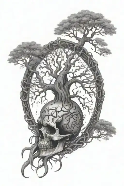 A large tree of life with roots made of chains, and a skull nestled within the branches tattoo design idea
