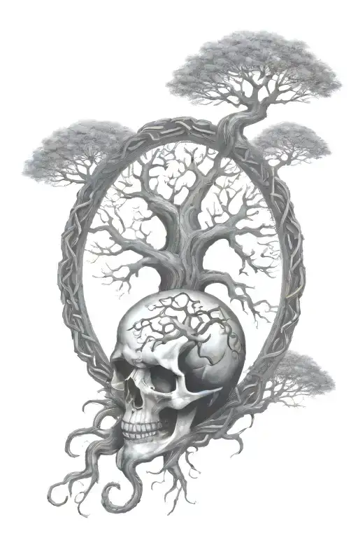A large tree of life with roots made of chains, and a skull nestled within the branches tattoo design idea