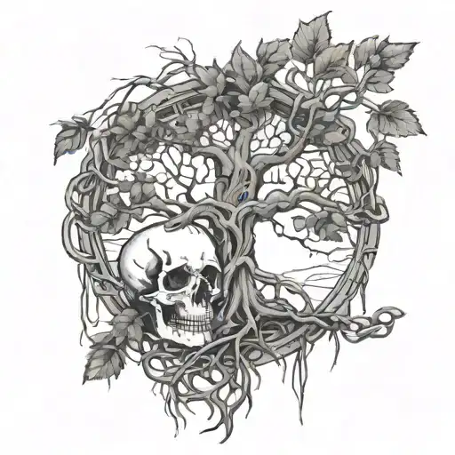A large tree of life with roots made of chains, and a skull nestled within the branches tattoo design idea