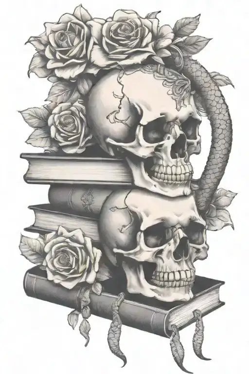 stack of books with skull and snake on top with flowers tattoo design idea