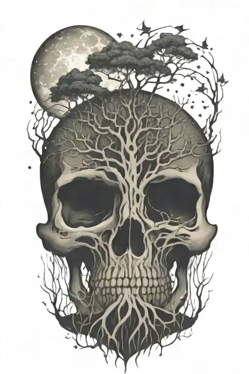 tree of life with moon and stars and roots growing out of skull  tattoo design idea