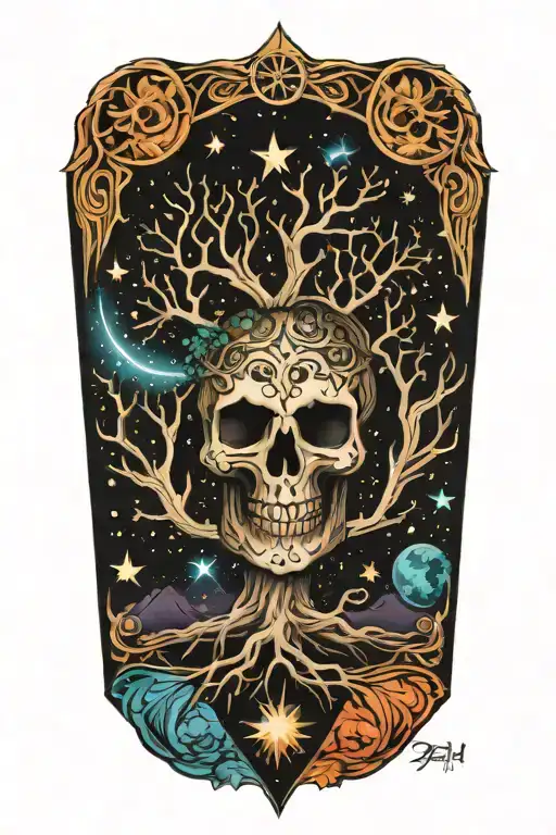 tree of life with stars and skull face tattoo design idea