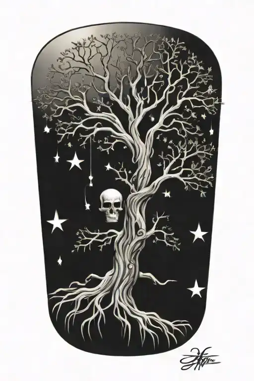 tree of life with stars and skull face tattoo design idea