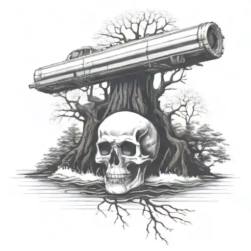 A unique tattoo design combining a skull and crossbones motif with a speeding car and a chainsaw cutting through a tree trunk, all set against a backdrop of a river flowing through a forest, in blackwork style tattoo design idea