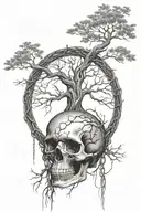 A large tree of life with roots made of chains, and a skull nestled within the branches tattoo design idea