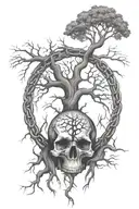 A large tree of life with roots made of chains, and a skull nestled within the branches tattoo design idea