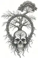 A large tree of life with roots made of chains, and a skull nestled within the branches tattoo design idea