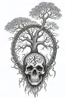 A large tree of life with roots made of chains, and a skull nestled within the branches tattoo design idea