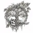 A large tree of life with roots made of chains, and a skull nestled within the branches tattoo design idea