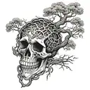 A large tree of life with roots made of chains, and a skull nestled within the branches tattoo design idea