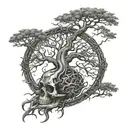 A large tree of life with roots made of chains, and a skull nestled within the branches tattoo design idea