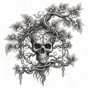 A large tree of life with roots made of chains, and a skull nestled within the branches tattoo design idea