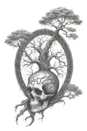 A large tree of life with roots made of chains, and a skull nestled within the branches tattoo design idea