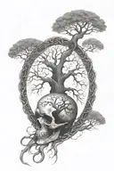 A large tree of life with roots made of chains, and a skull nestled within the branches tattoo design idea