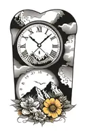 clock surrounded my mountain range tattoo design idea