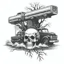 A unique tattoo design combining a skull and crossbones motif with a speeding car and a chainsaw cutting through a tree trunk, all set against a backdrop of a river flowing through a forest, in blackwork style tattoo design idea