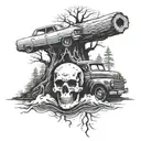 A unique tattoo design combining a skull and crossbones motif with a speeding car and a chainsaw cutting through a tree trunk, all set against a backdrop of a river flowing through a forest, in blackwork style tattoo design idea