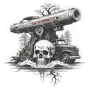 A unique tattoo design combining a skull and crossbones motif with a speeding car and a chainsaw cutting through a tree trunk, all set against a backdrop of a river flowing through a forest, in blackwork style tattoo design idea