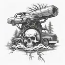 A unique tattoo design combining a skull and crossbones motif with a speeding car and a chainsaw cutting through a tree trunk, all set against a backdrop of a river flowing through a forest, in blackwork style tattoo design idea