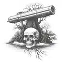 A unique tattoo design combining a skull and crossbones motif with a speeding car and a chainsaw cutting through a tree trunk, all set against a backdrop of a river flowing through a forest, in blackwork style tattoo design idea