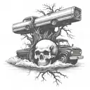 A unique tattoo design combining a skull and crossbones motif with a speeding car and a chainsaw cutting through a tree trunk, all set against a backdrop of a river flowing through a forest, in blackwork style tattoo design idea