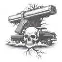 A unique tattoo design combining a skull and crossbones motif with a speeding car and a chainsaw cutting through a tree trunk, all set against a backdrop of a river flowing through a forest, in blackwork style tattoo design idea