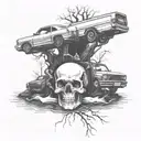 A unique tattoo design combining a skull and crossbones motif with a speeding car and a chainsaw cutting through a tree trunk, all set against a backdrop of a river flowing through a forest, in blackwork style tattoo design idea