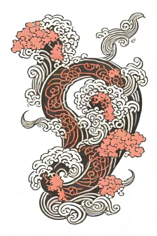 japanese wave spiral farbic background black tattoo design idea